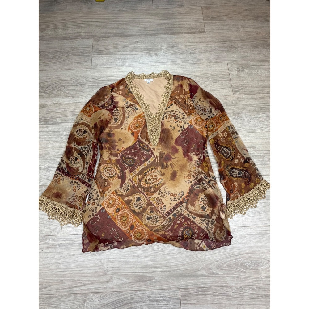 Vintage Cache Silk Patchwork Paisley Tunic Top Gold Crochet Lace V-Neck Y2K Sz L